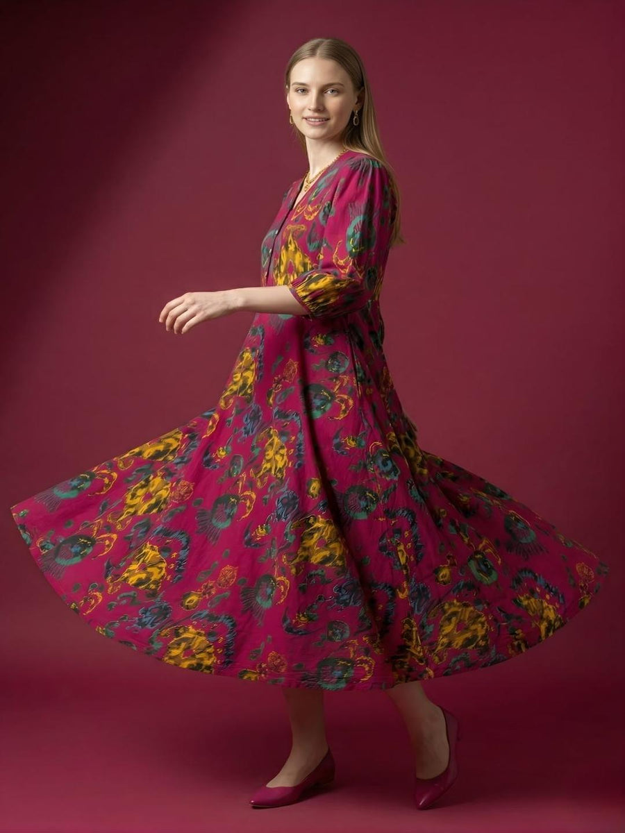 Aaronee pink printed premium cotton midi dress for women