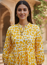 Aaronee Yellow Pure Cotton Abstract Printed Short Kurti Top