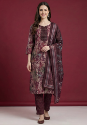 Wine & Mauve Pure Cotton Dupatta Set – Elegant Printed Kurta Set for Women by Aaronee