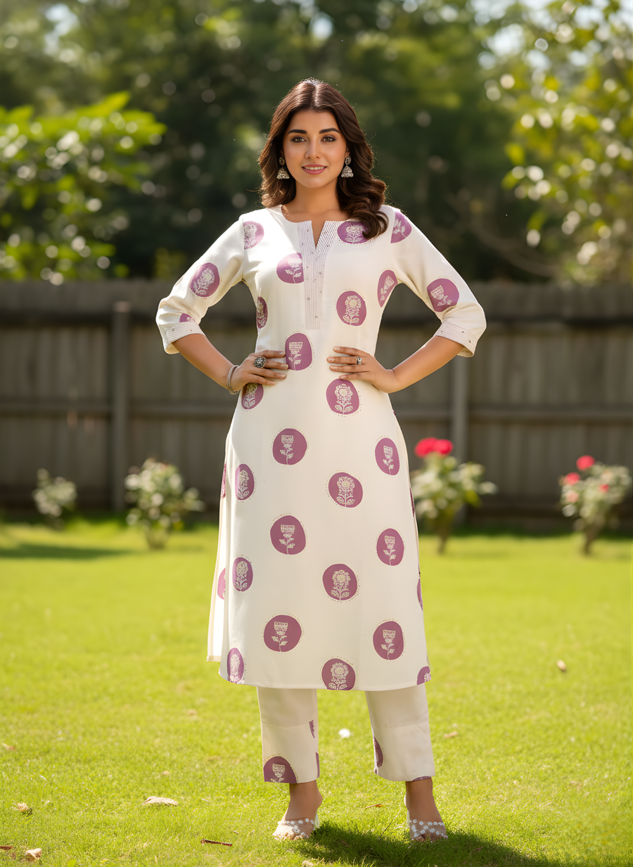 Off-White & Lavender Floral Pure Cotton Flex Kurta Set for Women – Aaronee