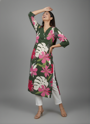 Green Pure Cotton Floral Printed Kurta for Women – Elegant Daily Wear by Aaronee