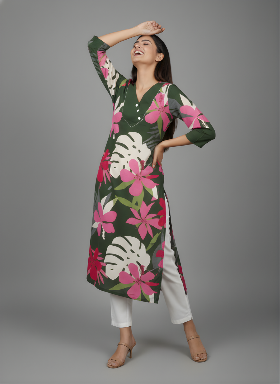 Green Pure Cotton Floral Printed Kurta for Women – Elegant Daily Wear by Aaronee