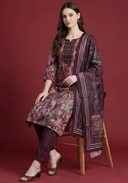 Wine & Mauve Pure Cotton Dupatta Set – Elegant Printed Kurta Set for Women by Aaronee