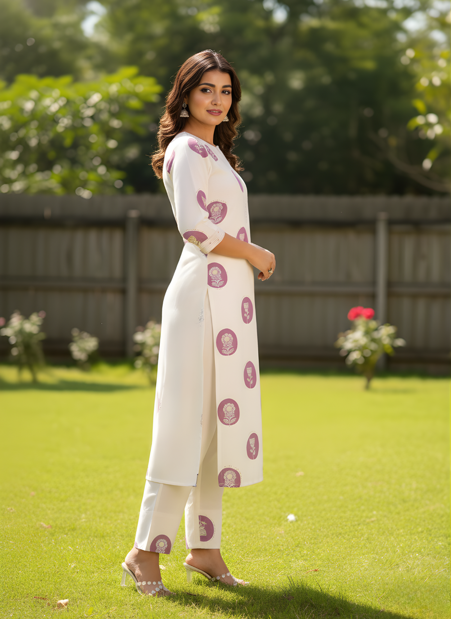 Off-White & Lavender Floral Pure Cotton Flex Kurta Set for Women – Aaronee