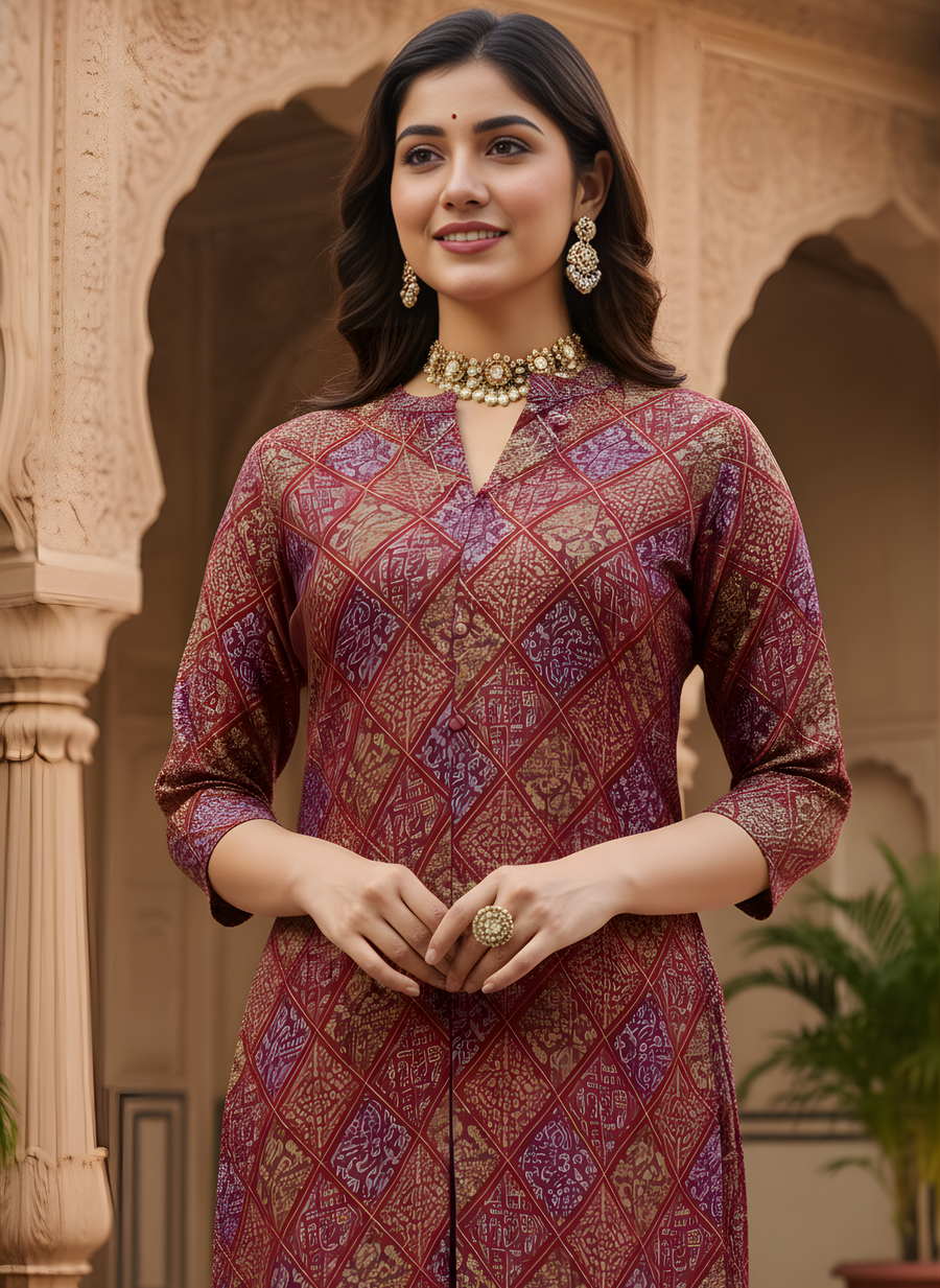 Aaronee Printed Modal Chanderi Straight Kurti Set