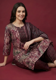 Wine & Mauve Pure Cotton Dupatta Set – Elegant Printed Kurta Set for Women by Aaronee