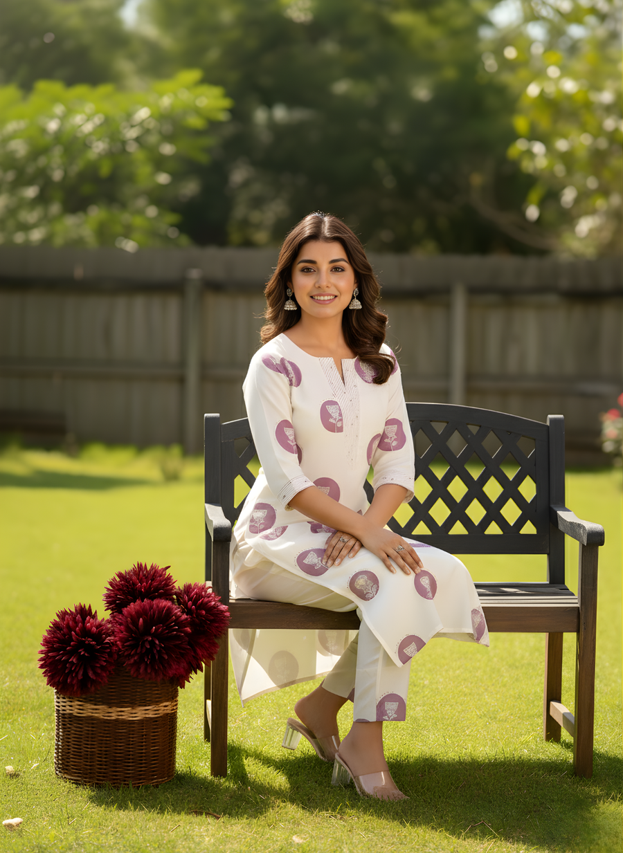 Off-White & Lavender Floral Pure Cotton Flex Kurta Set for Women – Aaronee