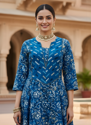 Aaronee Royal Blue Cotton Anarkali Kurta Pant Set