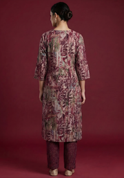 Wine & Mauve Pure Cotton Dupatta Set – Elegant Printed Kurta Set for Women by Aaronee