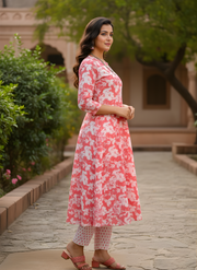Elegant Pink & White Floral Cotton Kurta Set for Women – Aaronee Ethnic Wear