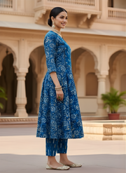 Blue Printed Pure Cotton Anarkali Kurta for Women