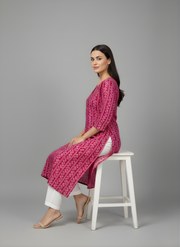 Aaronee Pure Cotton Pink Printed Kurta Front View