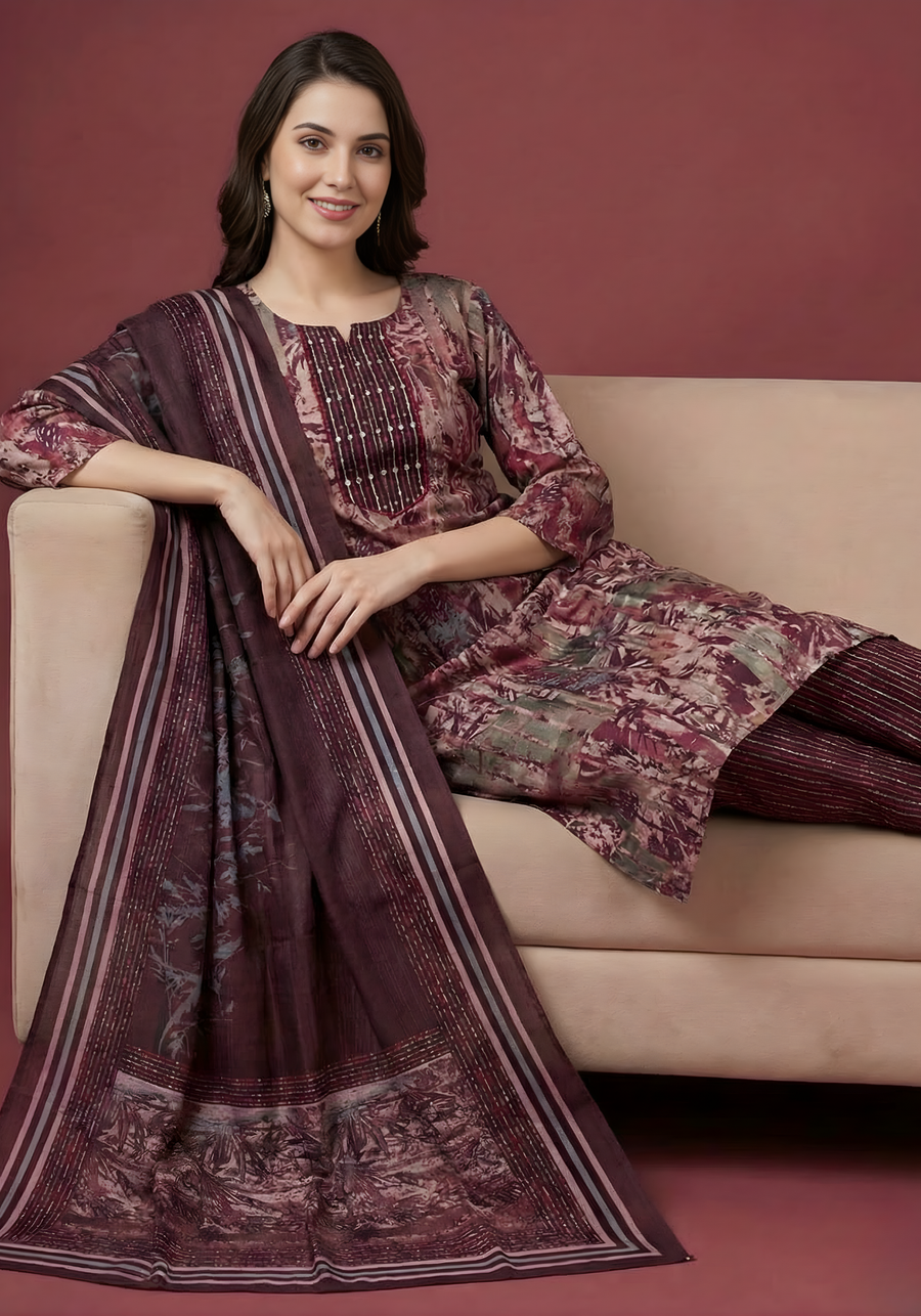 Wine & Mauve Pure Cotton Dupatta Set – Elegant Printed Kurta Set for Women by Aaronee