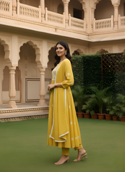 Mustard Yellow Pure Cotton Kurta Dupatta Set with Yoke Embroidery – Elegant Festive Wear