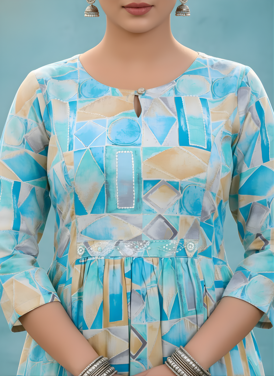 Person wearing a blue and beige geometric patterned dress against a light blue background