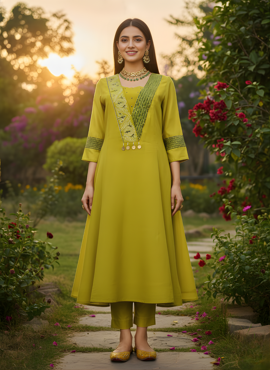 Mustard Yellow Mul Chanderi Kurta Set by Aaronee