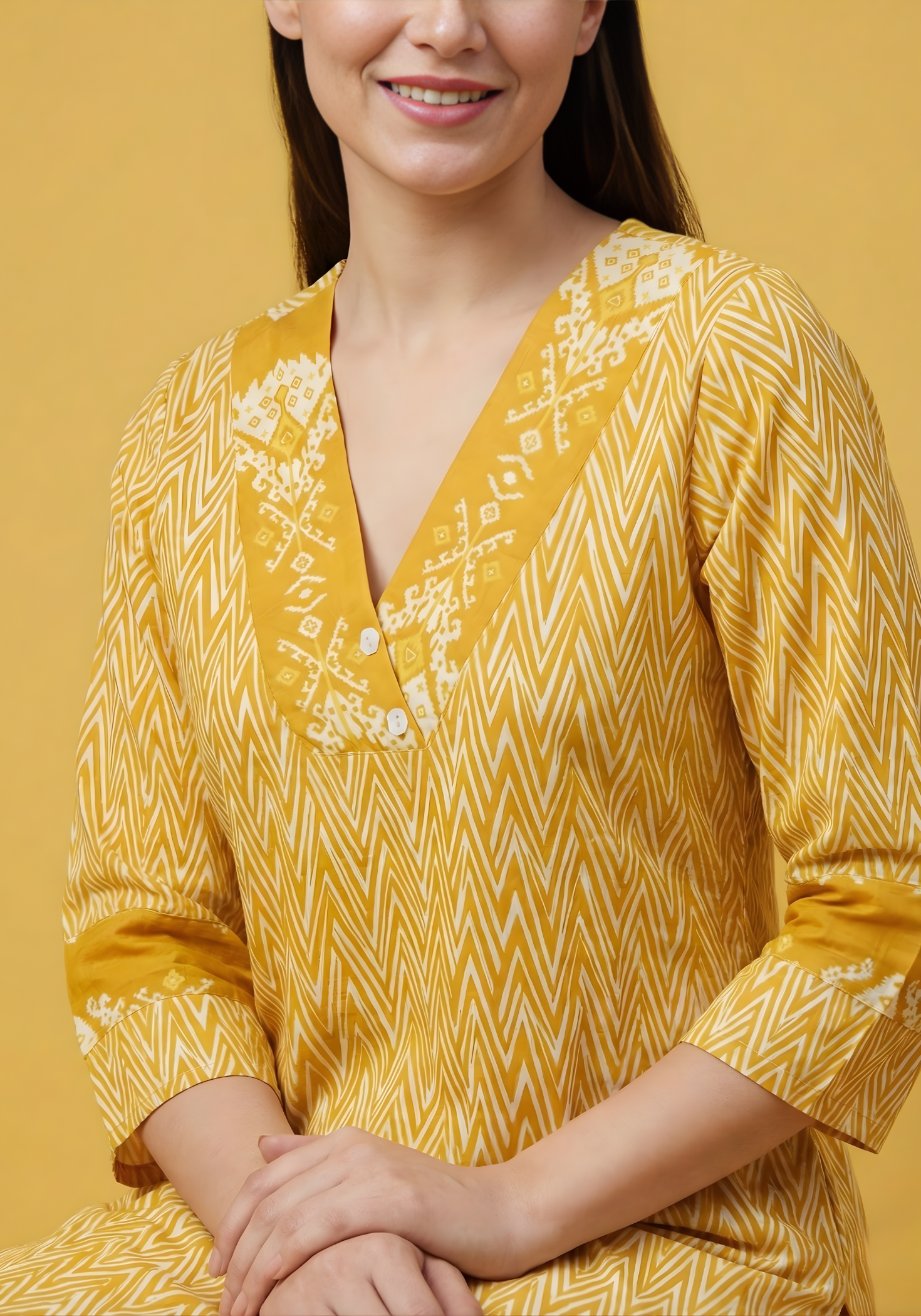 Mustard yellow cotton kurti dupatta set by Aaronee