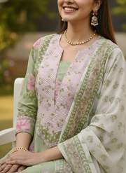 Pastel Green Floral Print Pure Cotton Kurta Set with Dupatta – Elegant Ethnic Wear by Aaronee