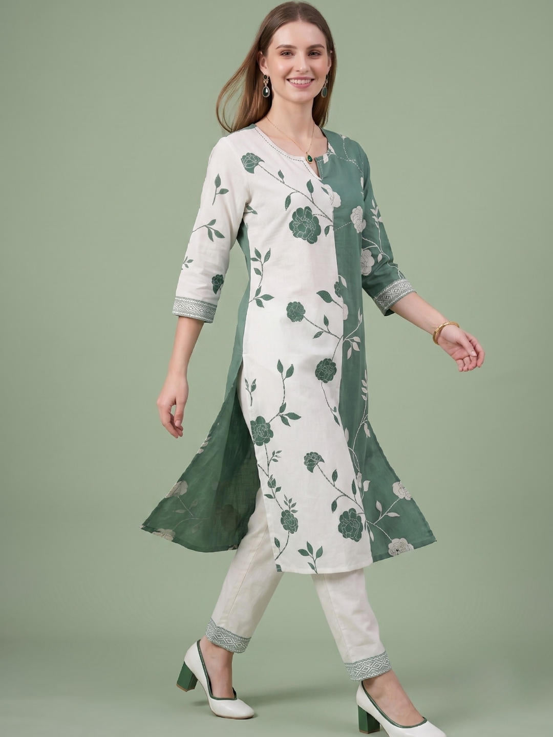 Aaronee Premium Cotton Sage Green Floral Kurta Set for Women