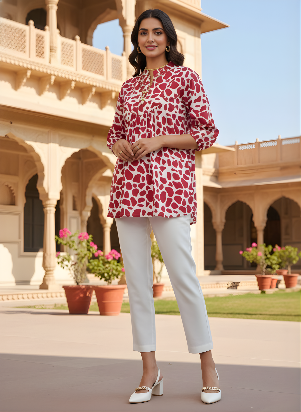 Red and white pure cotton printed top