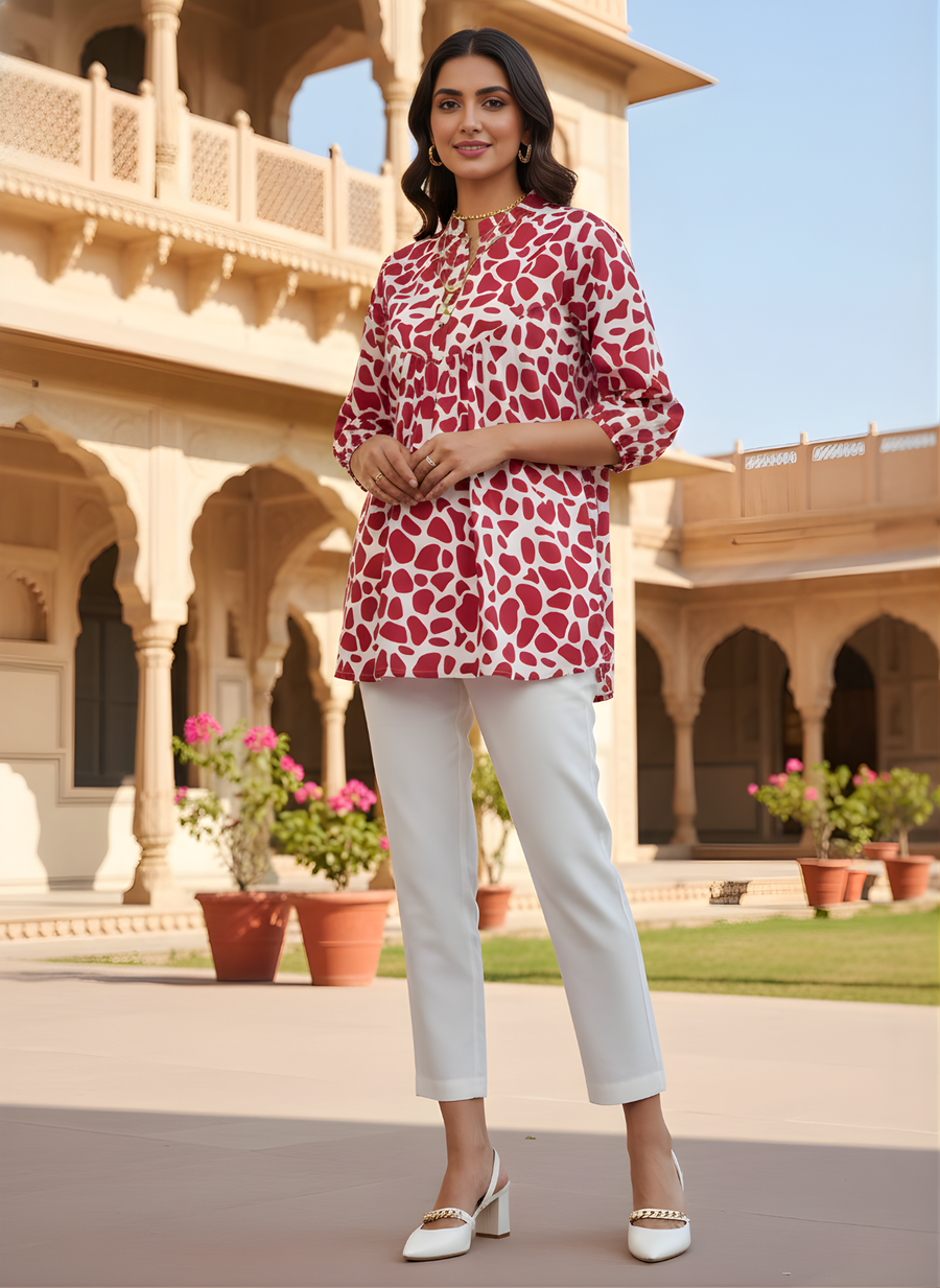 Red and white pure cotton printed top