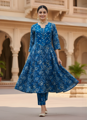 Designer Blue Cotton Anarkali Suit Set