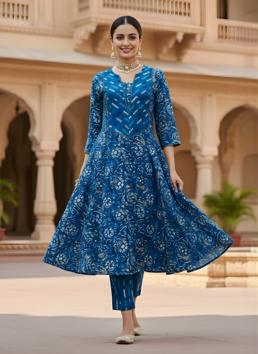 Designer Blue Cotton Anarkali Suit Set