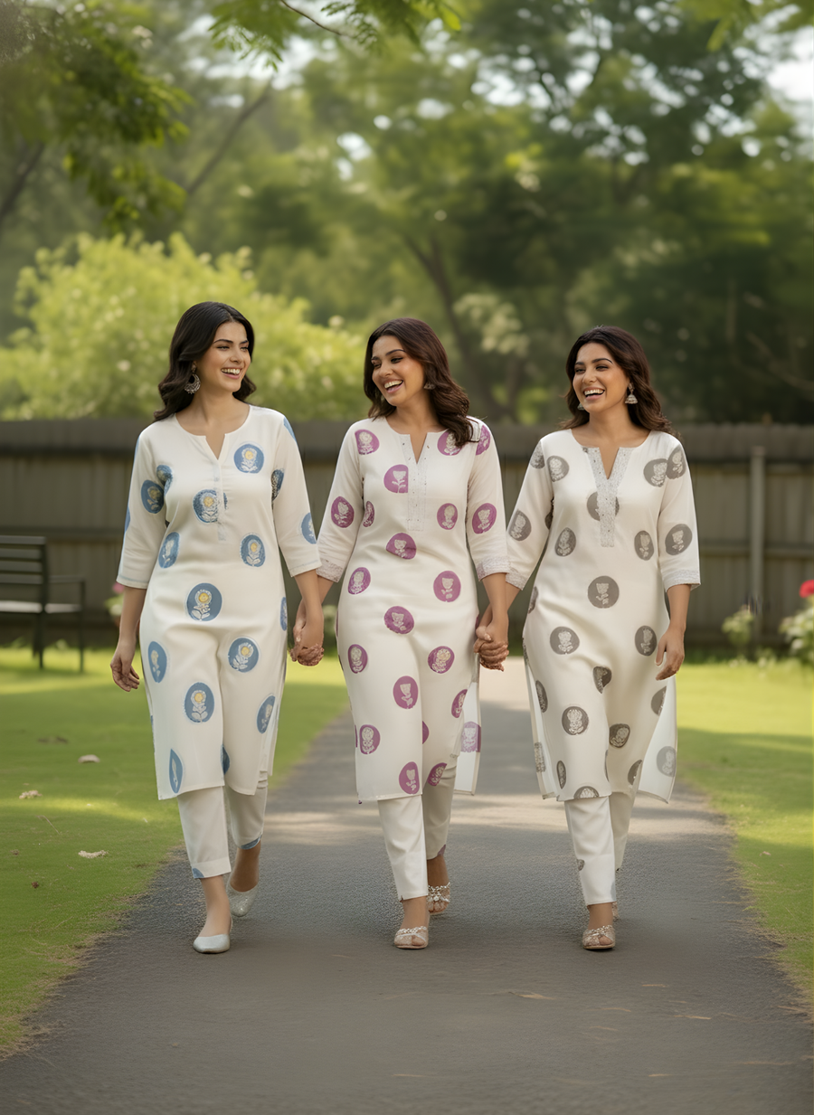 Off-White & Grey Printed Pure Cotton Flex Kurta Set for Women – Aaronee Jaipur