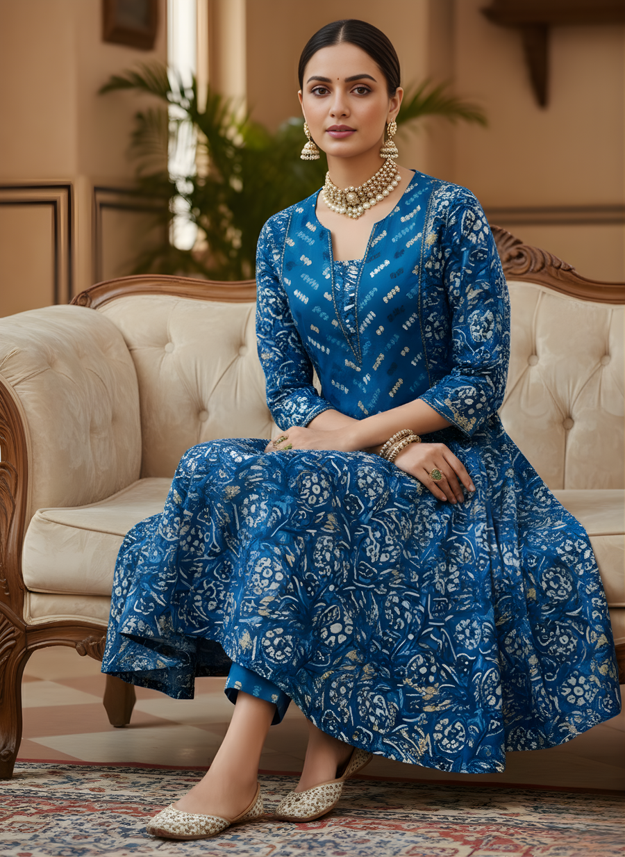 Women’s Royal Blue Cotton Kurta Pant Set