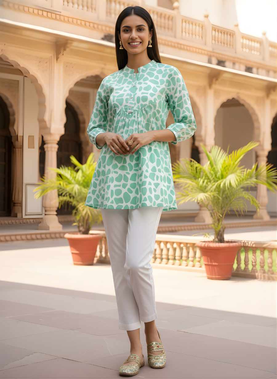 Aaronee Mint Green Pure Cotton Printed Short Kurti Top