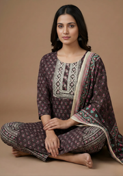 Maroon & Pink Pure Cotton Dupatta Set – Elegant Printed Ethnic Suit for Women by Aaronee