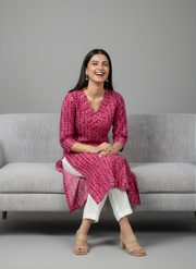 Pink Printed Kurta with V-Neckline Front Pose