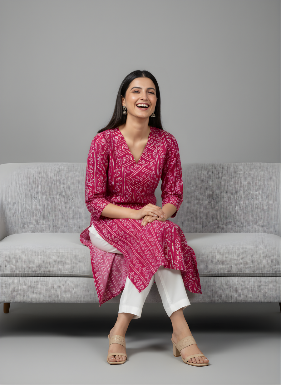 Pink Printed Kurta with V-Neckline Front Pose