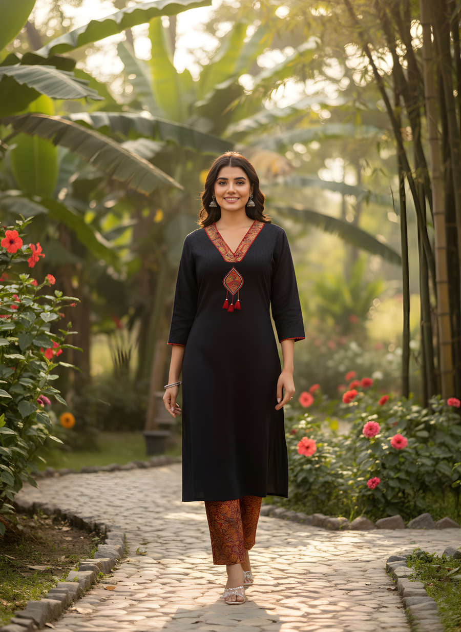 Elegant Black Pure Cotton Kurta Set with Hand & Lace Work Neckline – Aaronee Ethnic Wear