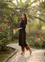 Elegant Black Pure Cotton Kurta Set with Hand & Lace Work Neckline – Aaronee Ethnic Wear