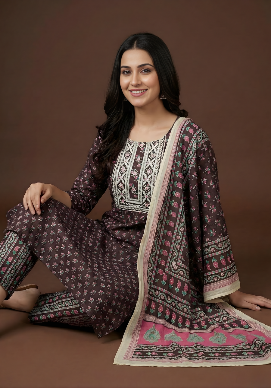 Maroon & Pink Pure Cotton Dupatta Set – Elegant Printed Ethnic Suit for Women by Aaronee