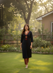 Elegant Black Pure Cotton Kurta Set with Hand & Lace Work Neckline – Aaronee Ethnic Wear