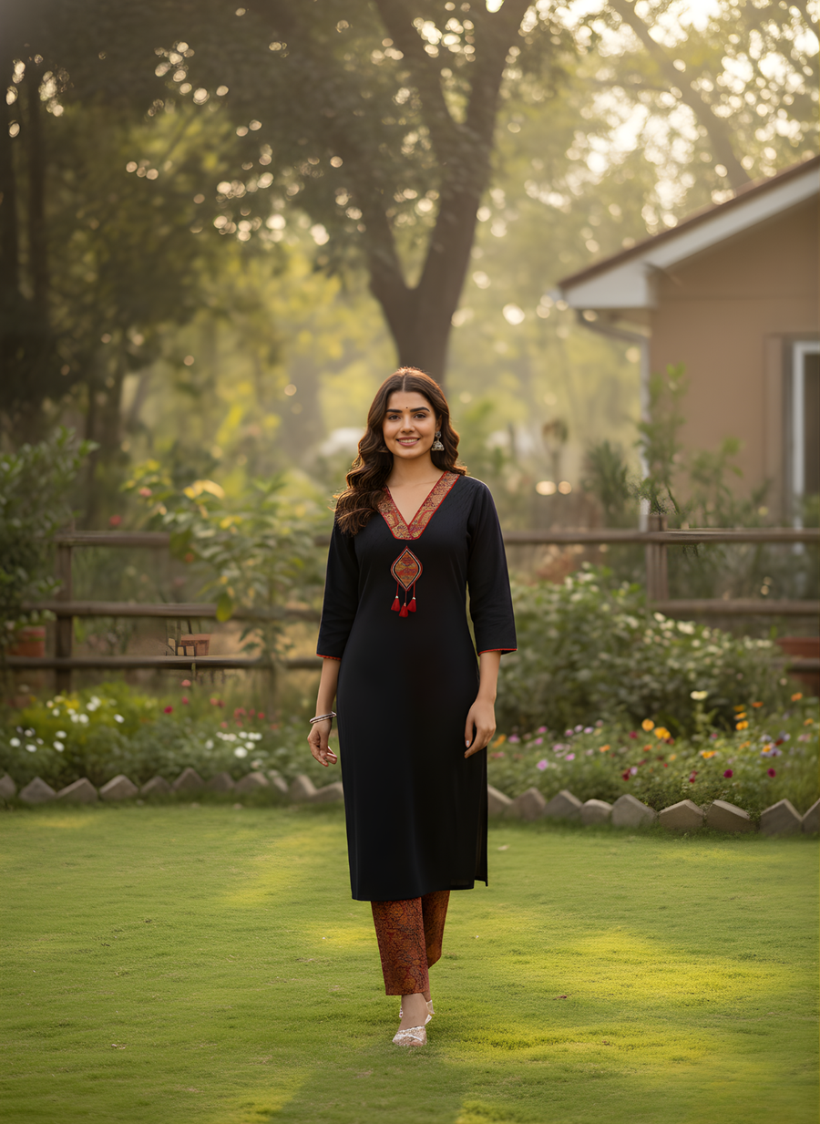 Elegant Black Pure Cotton Kurta Set with Hand & Lace Work Neckline – Aaronee Ethnic Wear