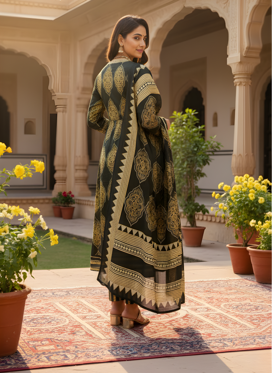 Black & Gold Pure Cotton Kurta Dupatta Set for Women – Traditional Block Print Style