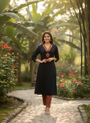 Elegant Black Pure Cotton Kurta Set with Hand & Lace Work Neckline – Aaronee Ethnic Wear