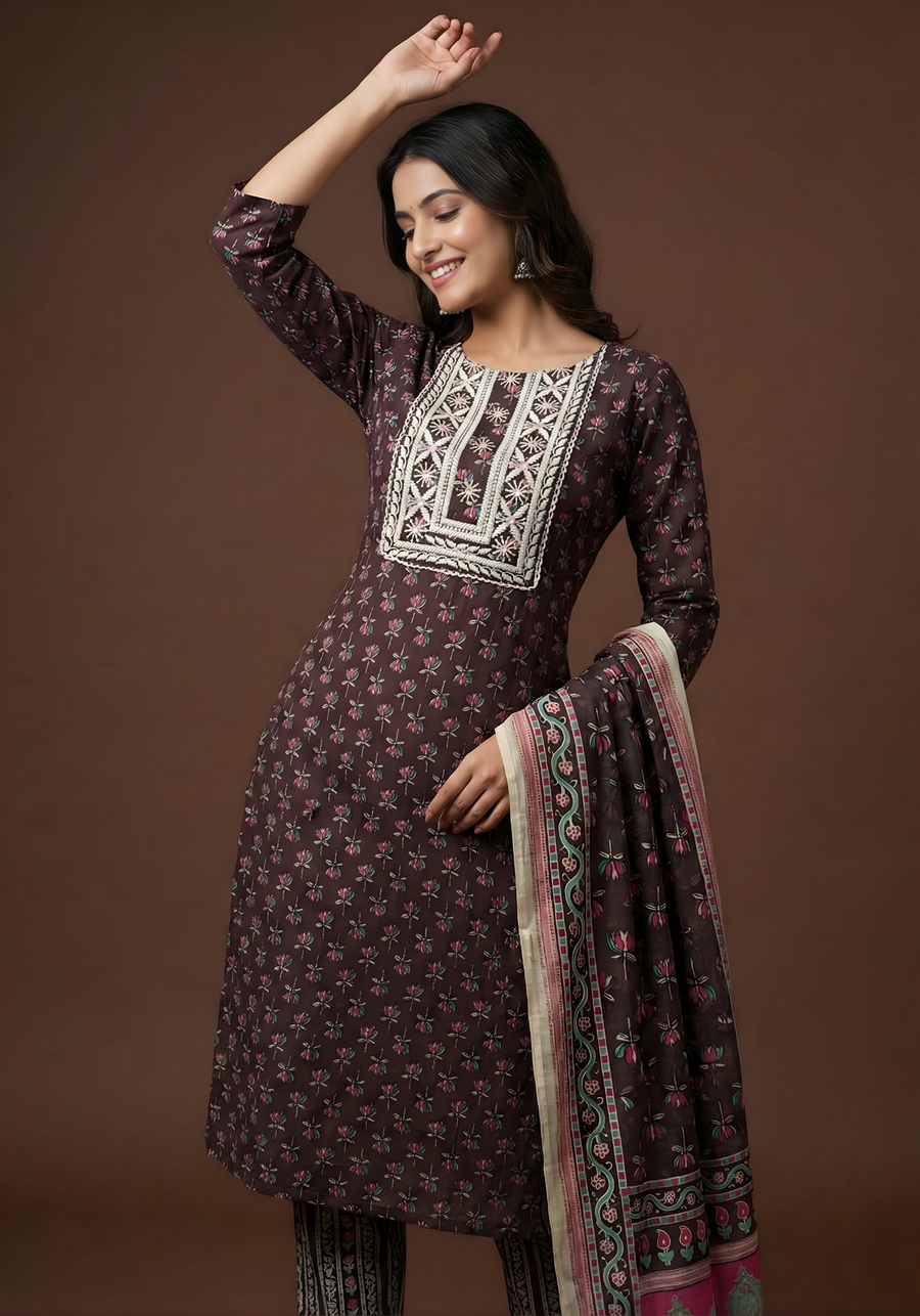 Maroon & Pink Pure Cotton Dupatta Set – Elegant Printed Ethnic Suit for Women by Aaronee