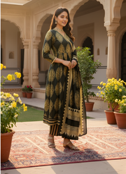 Black & Gold Pure Cotton Kurta Dupatta Set for Women – Traditional Block Print Style