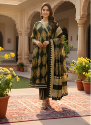 Black & Gold Pure Cotton Kurta Dupatta Set for Women – Traditional Block Print Style