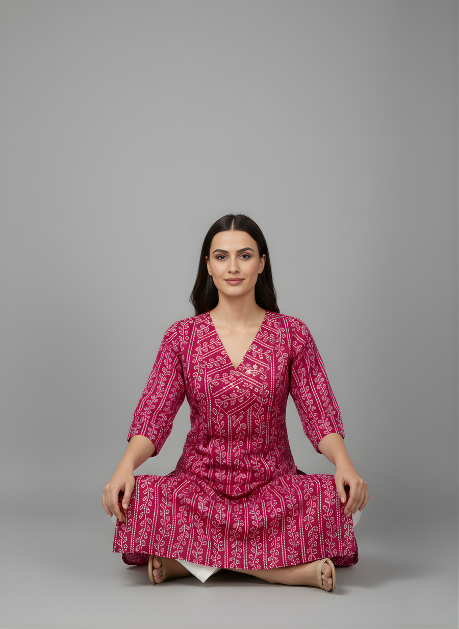 Aaronee Pure Cotton Pink Printed Straight Kurta for Women