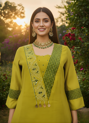 Embroidered Neckline Chanderi Kurta for Women