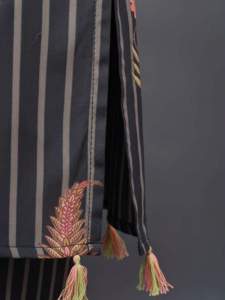 Aaronee Black Floral Striped Pure Cotton Kurta Pant Set for Women