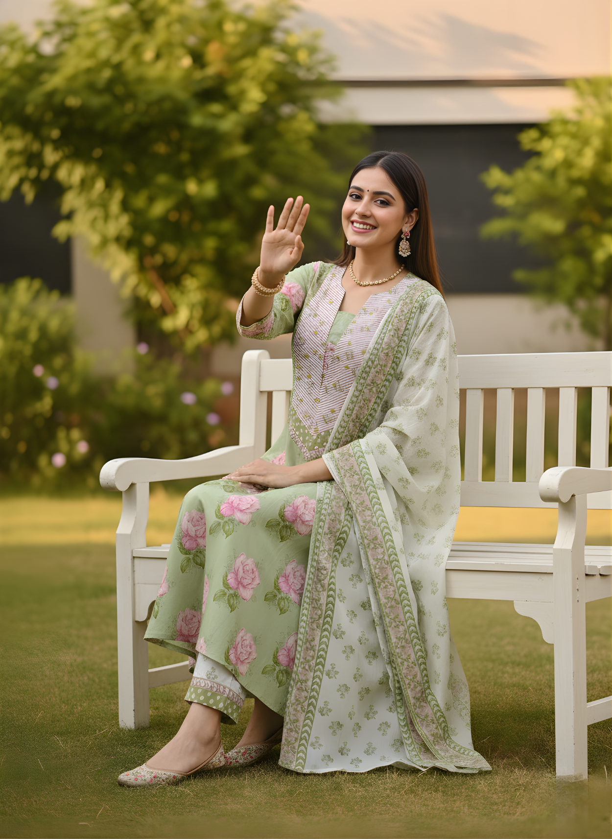 Pastel Green Floral Print Pure Cotton Kurta Set with Dupatta – Elegant Ethnic Wear by Aaronee