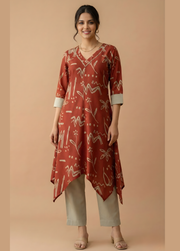 Rust Abstract Print Cotton Kurti Set with Pants – Contemporary Women Ethnic Wear by Aaronee