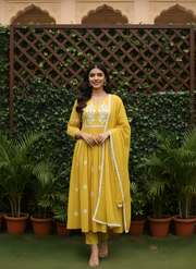 Mustard Yellow Pure Cotton Kurta Dupatta Set with Yoke Embroidery – Elegant Festive Wear
