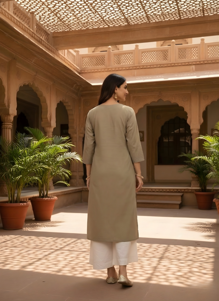 Aaronee Beige Chevron Embroidered Pure Cotton Kurti